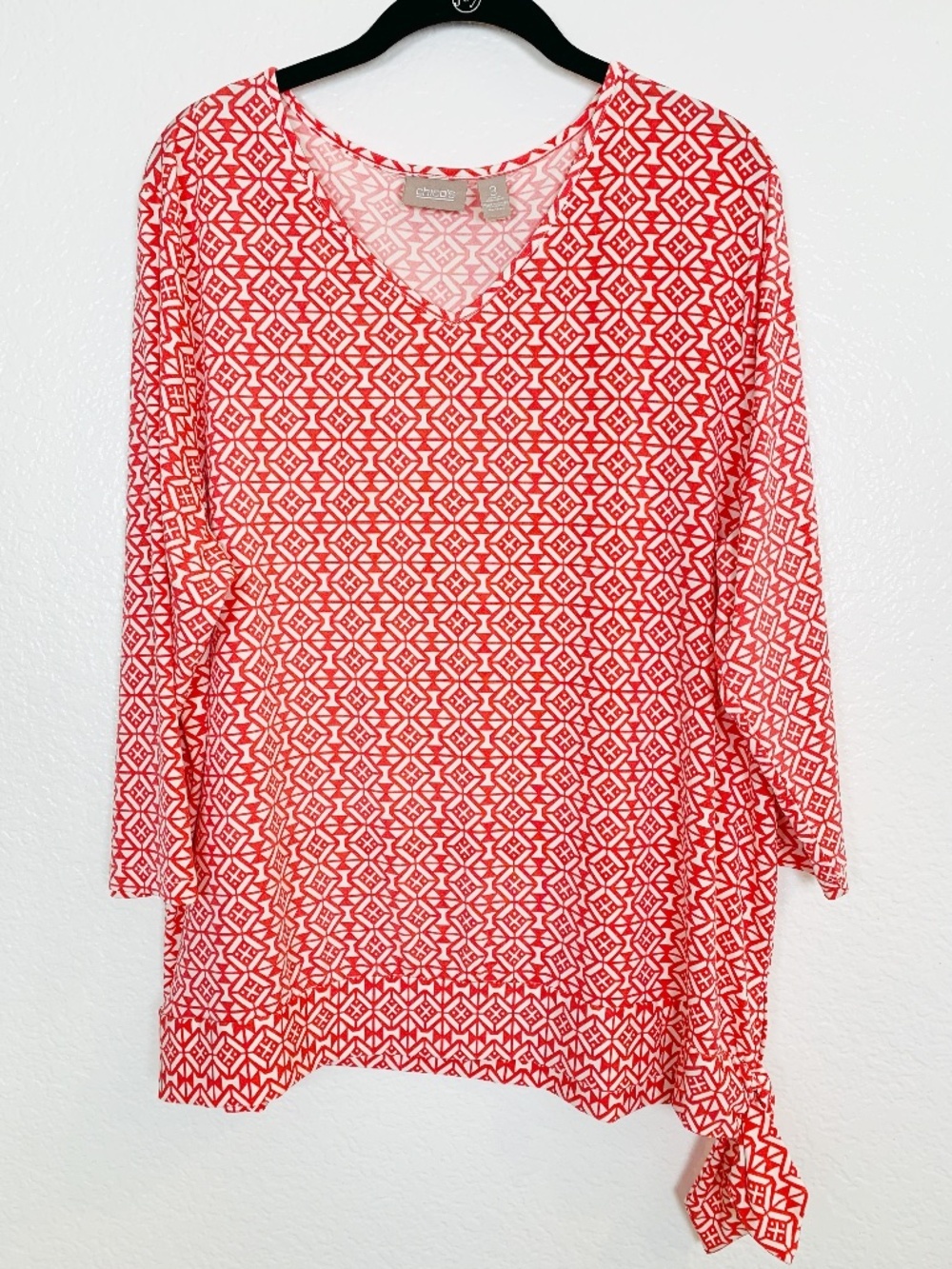 Chico's Blouse Womens 3/US XL Pink White Geometric Print Side Tie Top Stretchy